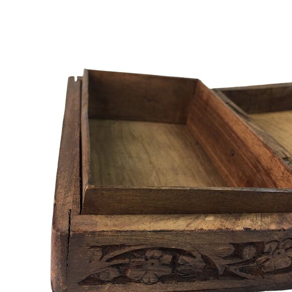 Wood Jewelry Chest Storage Box Inlay Carved Floral Pattern Solid Mid Century u - Picture 8 of 9